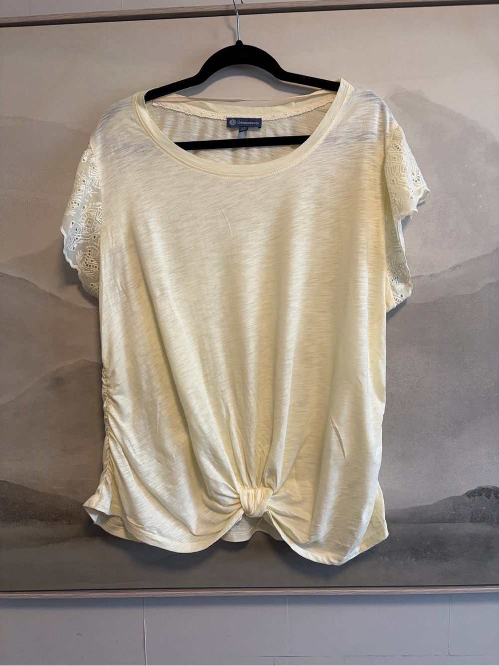 Democracy Pale Yellow Knot-Front Lace Sleeve Tee